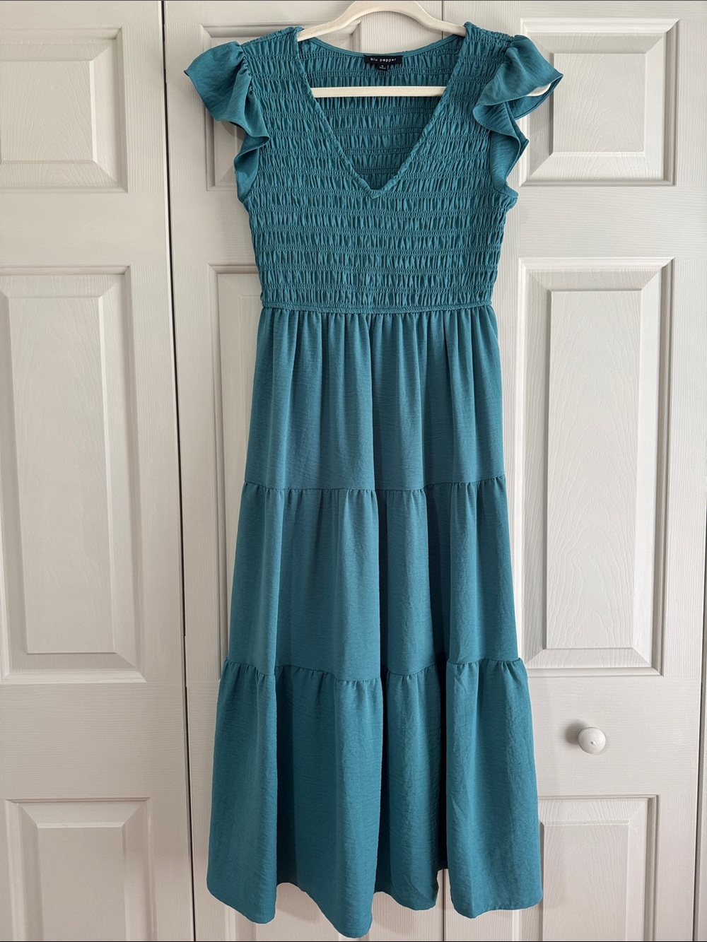 Blu Pepper Smocked V-Neck Tiered Maxi Dress